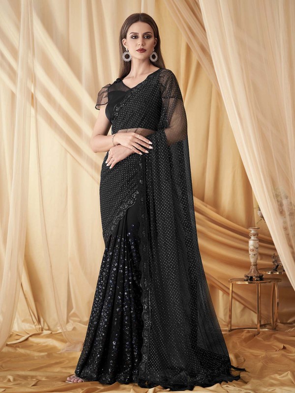 Black Soft Net And Georgette Saree